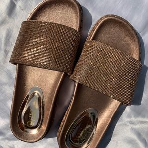 Never worn rose gold slide on sandals